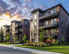 Modern apartment building with balconies and well-kept landscaping at sunset, Modern multifamily