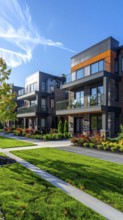 Modern apartment building with balconies and well-kept landscaping at sunset, Modern multifamily