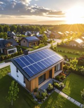 Aerial view showcases modern houses with solar panels and green roofs in a suburban setting,