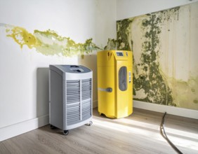 A specialized dehumidifier operates in a mold-infested room following water damage, Shell