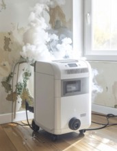 A specialized dehumidifier operates in a mold-infested room following water damage, Shell