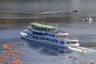 Excursion boat, Biggesee near Sondern, Olpe, Sauerland, North Rhine-Westphalia, Germany