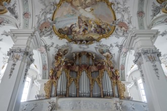St. George and James Catholic Church, interior view, ceiling frescoes and organ, Isny, Allgäu,