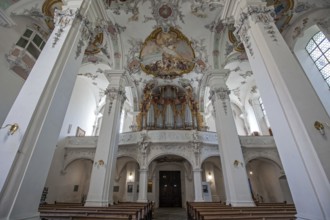 St. George and James Catholic Church, interior view, nave with ceiling frescoes and organ, Isny,