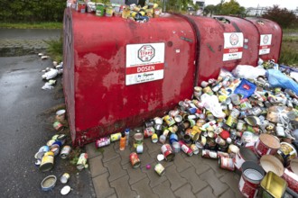Overfilled can containers, Eckental, Middle Franconia, Bavaria, Germany