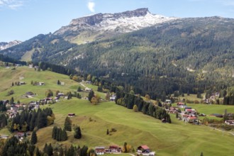 View of Hirschegg and the Kleinwalsertal valley, in the back of Hoher Ifen, Allgäu Alps,