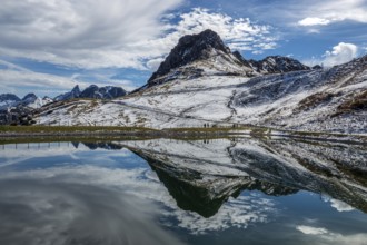 Kanzelwand is reflected in the reservoir, Kanzelwand snow-making pond, mountains of the Allgäu Alps