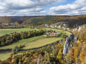 Aerial view of Käppeler Manor with St. George's Basilica near Thiergarten in the Upper Danube