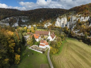 Aerial view of Käppeler Manor with St. George's Basilica near Thiergarten in the Upper Danube