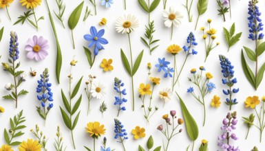 Vibrant wildflowers and grass create a colorful and joyful floral pattern, Variety of wild flowers,