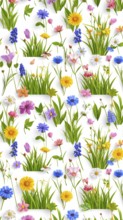 Vibrant wildflowers and grass create a colorful and joyful floral pattern, Variety of wild flowers,