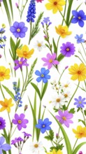 Vibrant wildflowers and grass create a colorful and joyful floral pattern, Variety of wild flowers,