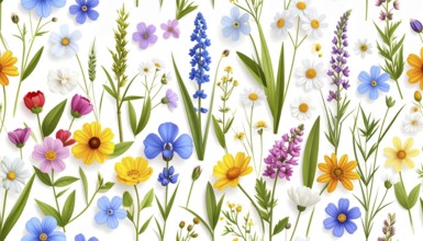 Vibrant wildflowers and grass create a colorful and joyful floral pattern, Variety of wild flowers,