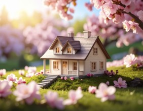 A miniature house surrounded by blooming cherry blossoms and warm sunlight, creating a peaceful and