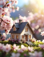 A miniature house surrounded by blooming cherry blossoms and warm sunlight, creating a peaceful and