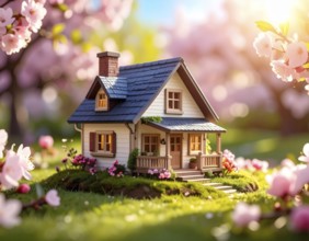 A miniature house surrounded by blooming cherry blossoms and warm sunlight, creating a peaceful and