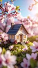 A miniature house surrounded by blooming cherry blossoms and warm sunlight, creating a peaceful and