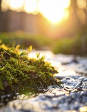 Beautiful spring detailed stream of fresh water, vibrant blooming young green plants, wallpaper