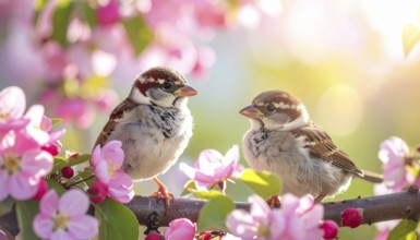 Small funny Sparrow Chicks sit in the garden surrounded by pink Apple blossoms on a Sunny may day,