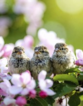 Small funny Sparrow Chicks sit in the garden surrounded by pink Apple blossoms on a Sunny may day,