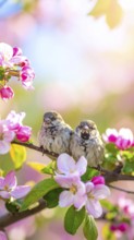 Small funny Sparrow Chicks sit in the garden surrounded by pink Apple blossoms on a Sunny may day,