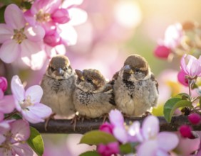 Small funny Sparrow Chicks sit in the garden surrounded by pink Apple blossoms on a Sunny may day,