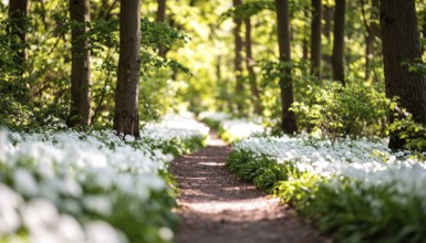 A tranquil forest path lined with white flowers, surrounded by tall trees and bathed in soft