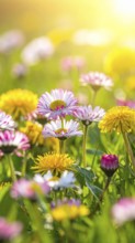 A sunny meadow with daisies in full bloom under bright sunlight, creating a vibrant and cheerful