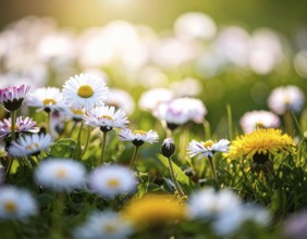 A sunny meadow with daisies in full bloom under bright sunlight, creating a vibrant and cheerful