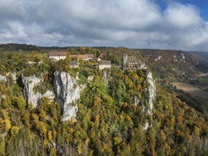 Aerial view of Werenwag Castle and former Werenwag Castle on a rocky spur in the Upper Danube