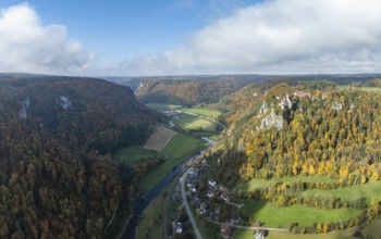Aerial view, panorama of Werenwag castle and former castle on a rocky spur in the upper Danube