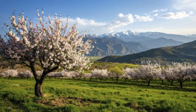 Landscape with a blooming apricot tree, idilyc spring nature, green grass and mountains in