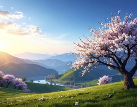 Landscape with a blooming apricot tree, idilyc spring nature, green grass and mountains in