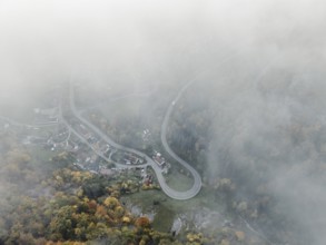 Aerial view of the viewpoint, shovels and Hausen Castle, also known as the Hausen ruins, surrounded