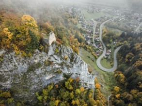 Aerial view of the viewpoint, shovels and Hausen Castle, also known as the Hausen ruins, surrounded