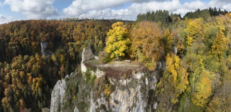 Aerial view, panorama from the viewpoint, shovels and Hausen Castle, also known as the Hausen