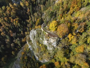 Aerial view of the viewpoint, shovels and Hausen Castle, also known as the Hausen ruins, surrounded