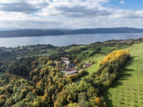 Aerial view of Lake Constance, Überlinger See, surrounded by autumn vegetation with Spetzgart
