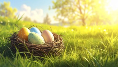 Nest with easter eggs in a basket on grass, sunny spring day, fresh beautiful landscape at