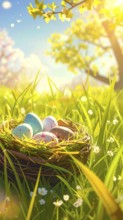 Nest with easter eggs in a basket on grass, sunny spring day, fresh beautiful landscape at