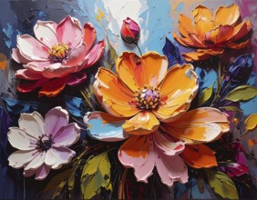 Closeup of abstract rough colorful multicolored organic floral spring flowers art painting texture,