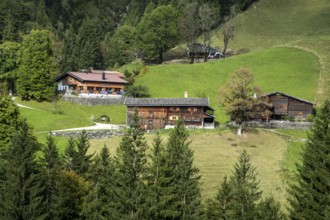 View of historic mountain farming village Gerstruben, Oberstdorf, Allgäu Alps, Oberallgäu, Allgäu,