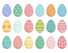 Set of easter eggs flat design on white background, abstract vector wallpaper illustration, banner