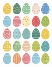 Set of easter eggs flat design on white background, abstract vector wallpaper illustration, banner
