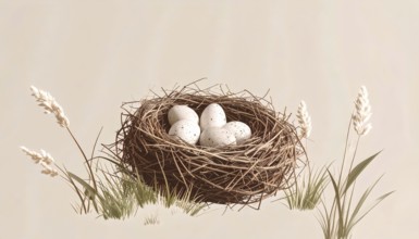Nest with easter eggs in grass on a sunny spring day, Easter wallpaper decoration drawing, banner,