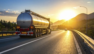 Petrol cargo truck lorry tanker driving on highway hauling oil products at sunrise, wide hilly