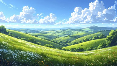 Fresh summer hilly Landscape with blooming Meadow, green plants, Blue Sky with cloudy sky, serene