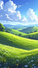 Fresh summer hilly Landscape with blooming Meadow, green plants, Blue Sky with cloudy sky, serene