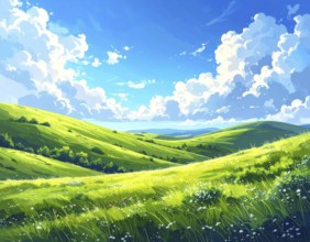 Fresh summer hilly Landscape with blooming Meadow, green plants, Blue Sky with cloudy sky, serene