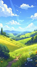 Fresh summer hilly Landscape with blooming Meadow, green plants, Blue Sky with cloudy sky, serene